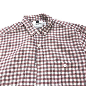 Topman MED Button Short Sleeve Casual Pocket Collared Shirt Check Red Gray